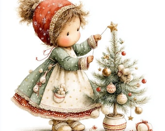 May include: Watercolor illustration of a young child decorating a small Christmas tree. The child wears a red hat with snowflake details, a green dress, and a white apron. The tree is adorned with ornaments and a star.