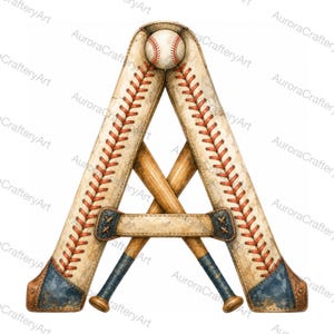 Può includere: Una lettera A decorativa formata da due mazze da baseball incrociate al centro, con lati in pelle testurizzata come una palla da baseball e cuciture rosse. Una palla da baseball si trova al vertice e una cinghia orizzontale unisce i lati.
