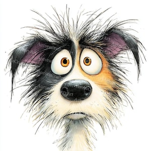 May include: A cartoon illustration of a dog with a startled expression. The dog has large, round eyes, a black nose, and a mix of black, white, and tan fur. The artwork is in a cartoon style, with exaggerated features and a focus on the dog's emotional state.