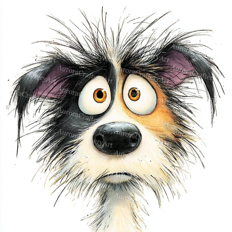 May include: A cartoon illustration of a dog with a startled expression. The dog has large, round eyes, a black nose, and a mix of black, white, and tan fur. The artwork is in a cartoon style, with exaggerated features and a focus on the dog's emotional state.