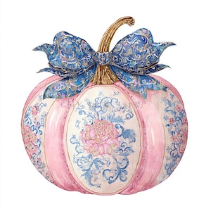 18 Chinoiserie Pumpkin Clipart, Blue and Pink Toile Pumpkins, Grandmillenial Pumpkin, Gingham Pumpkins, Pumpkin with Coquette Bow