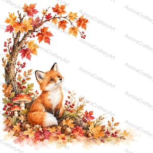 May include: A watercolour illustration of a small orange and white fox sitting at the base of a tree. The scene features autumn foliage with red and yellow maple leaves, red berries, two spotted mushrooms, and brown acorns on the forest floor.