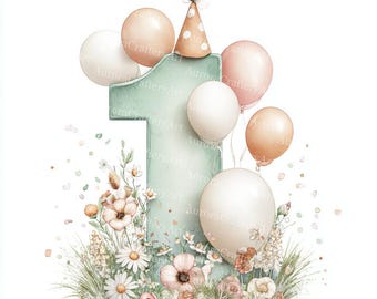 May include: Watercolor illustration of a number one with balloons, a party hat, and floral accents. The number is a soft green, surrounded by white, peach, and pink balloons. A party hat with polka dots sits atop the number, and flowers and greenery are at the base.