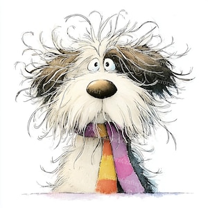 May include: A cartoon illustration of a shaggy dog with a startled expression. The dog has a large brown nose, white fur, and black and brown patches. It wears a colourful scarf with purple, yellow, and orange stripes. The artwork is set against a white backdrop.
