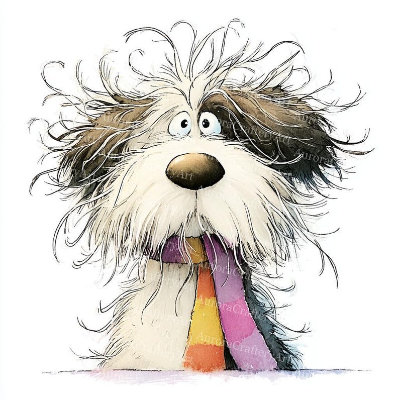 May include: A cartoon illustration of a shaggy dog with a startled expression. The dog has a large brown nose, white fur, and black and brown patches. It wears a colourful scarf with purple, yellow, and orange stripes. The artwork is set against a white backdrop.