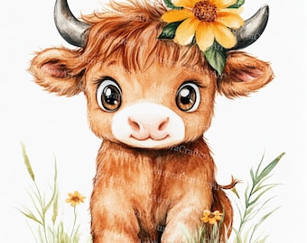 14 bloemen Highland Cow aquarel clipart: boerderijdieren kunst (digitale download)