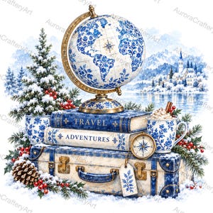 Könnte beinhalten: Ein dekorativer Globus mit blau-weißem Blumenmuster steht auf zwei Büchern mit der Aufschrift TRAVEL und ADVENTURES. Darunter befindet sich ein Koffer im Vintage-Stil mit einem Kompass, einer Tasse, einem Tannenbaum und Tannenzapfen im Schnee.