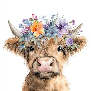 18 Floral Highland Cow Clipart, Farm Cow Clipart, Floral Cow, Printable Watercolor Clipart, High Quality JPGs, Digital download, Paper craft