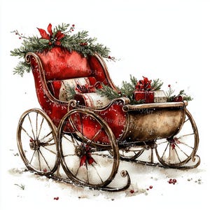 31 Christmas Sleigh Clipart, Red Sleigh, Green Sleigh, Christmas Tree, Printable Watercolor, High Quality JPGs, Paper Craft, Junk Journal