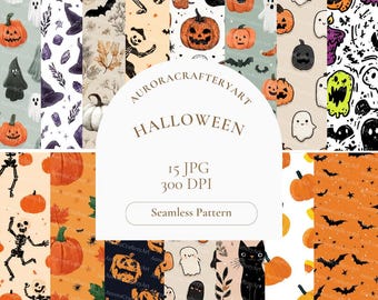 15 Halloween nahtlose Papier, Boho Halloween, gruselige Geist Kürbis Tapete Cottagecore Witchy, druckbares Aquarell, kommerzielle Nutzung