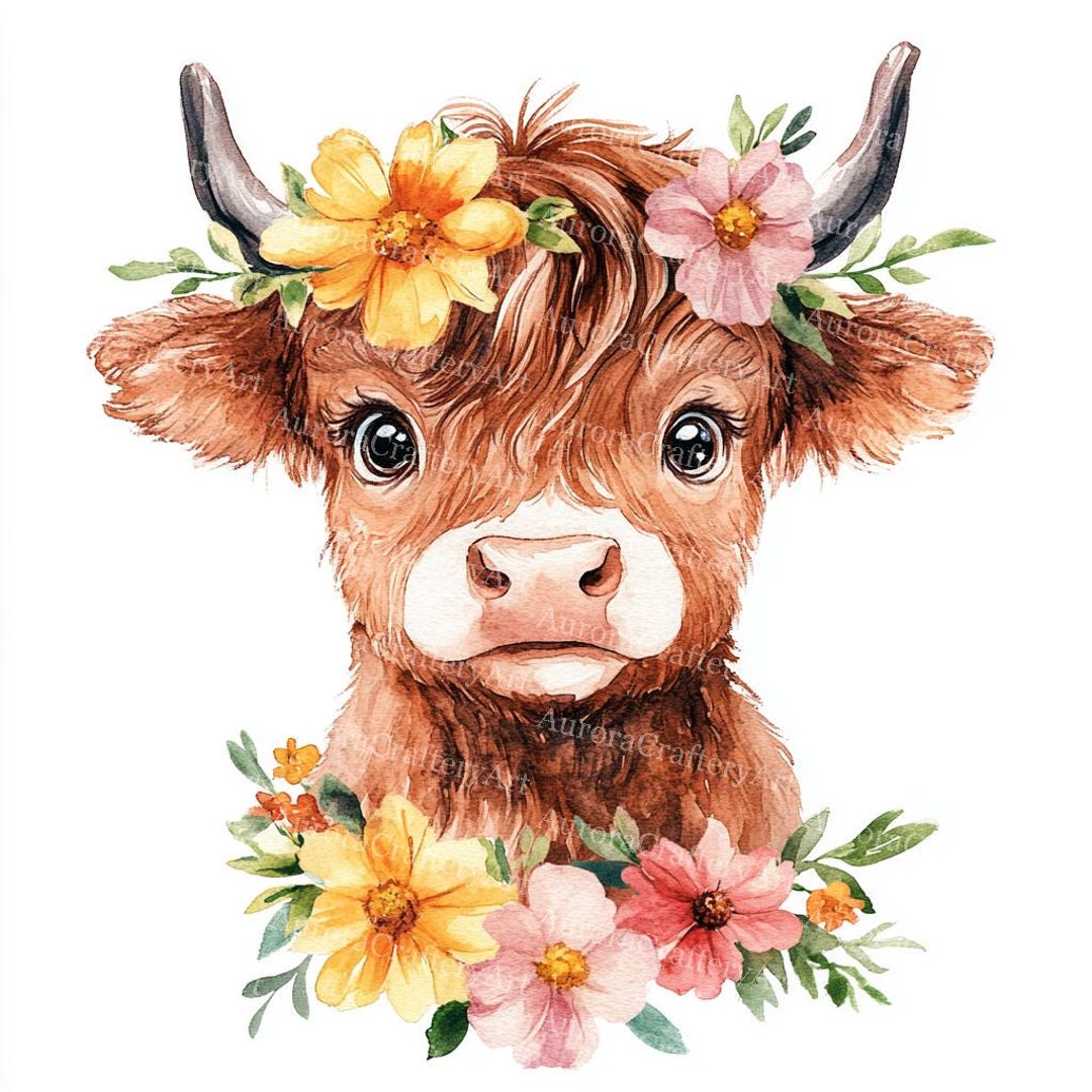 16 Floral Highland Cow Clipart: Watercolor Farm Animal Art (digital ...
