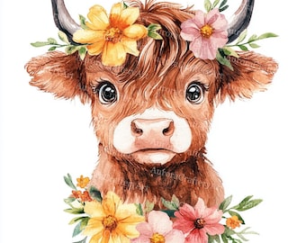 16 Floral Highland Cow Clipart: Watercolor Farm Animal Art (Digital Download)