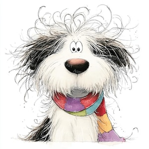 May include: A charming illustration of a dog with a fluffy, black and white coat and a colourful patchwork scarf. The dog has big eyes and a pink nose. The artwork has a hand-drawn style with loose lines and a playful feel.