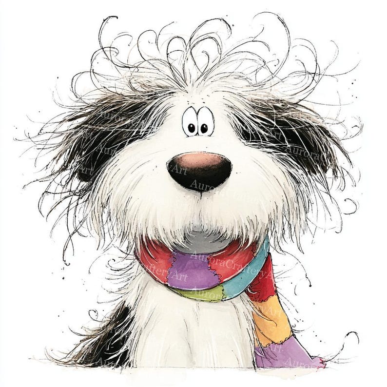 May include: A charming illustration of a dog with a fluffy, black and white coat and a colourful patchwork scarf. The dog has big eyes and a pink nose. The artwork has a hand-drawn style with loose lines and a playful feel.