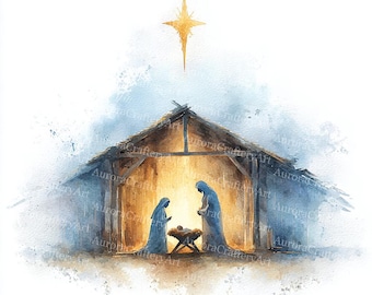 19 Christmas Cross With Nativity Scene Clipart, Christmas Card, Cross Print, Christmas Print, High-Quality JPGs, Paper Craft, Junk Journal