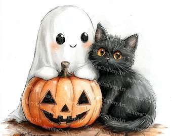 20 Ghost and Black Cat Clipart, Cute Halloween Clipart, Pumpkin, Printable Watercolor, High-Quality JPGs, Paper Craft, Junk Journal
