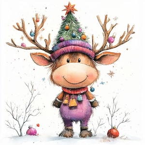 May include: A watercolour illustration of a reindeer in festive attire. It wears a purple hat and overalls, with antlers decorated with baubles. A Christmas tree sits atop its head. A red scarf and bells complete the look. Snowflakes and ornaments are scattered around.