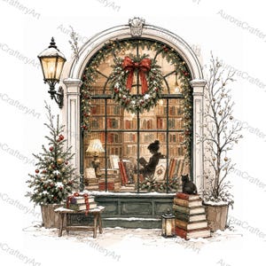Pode incluir: Uma vitrine arqueada festiva com uma grande guirlanda de folhagem com um laço vermelho, uma árvore de Natal decorada, uma pilha de livros, um gato preto, um poste de luz e uma pessoa lendo dentro de uma biblioteca cheia de estantes de livros.