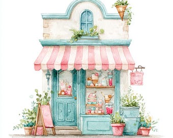 17 Cute Shop Clipart, Whimsical Watercolor Illustrations, Small Business Storefronts Art, Digital Download, Commercial Use