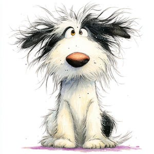 May include: A watercolour illustration of a shaggy dog with black and white fur, a large brown nose, and expressive eyes. The dog is sitting upright, with a surprised expression. The artwork has a whimsical, cartoonish style.