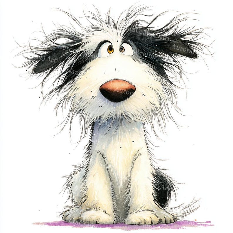 May include: A watercolour illustration of a shaggy dog with black and white fur, a large brown nose, and expressive eyes. The dog is sitting upright, with a surprised expression. The artwork has a whimsical, cartoonish style.