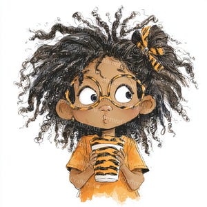 May include: Illustration of a young person with curly black hair, wearing orange glasses and an orange shirt. The person is holding a cup with a tiger stripe design. A tiger stripe bow is in their hair.