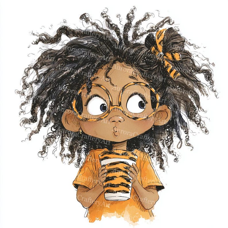 May include: Illustration of a young person with curly black hair, wearing orange glasses and an orange shirt. The person is holding a cup with a tiger stripe design. A tiger stripe bow is in their hair.