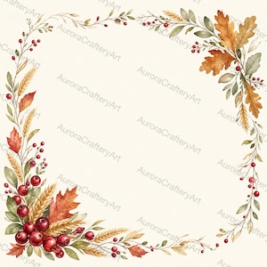 May include: A square frame illustration featuring watercolour autumn elements including orange and brown oak leaves, golden wheat stalks, and clusters of small red berries arranged along the borders against a light cream background.