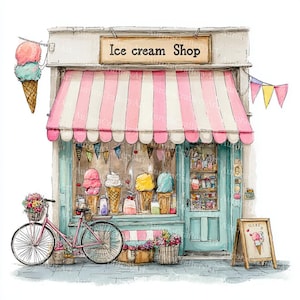 Colección de 13 imágenes prediseñadas de tiendas encantadoras, ilustraciones de acuarela originales, arte para escaparates de pequeñas empresas, descarga digital, uso comercial