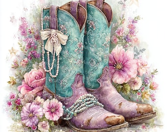 15 Floral Cowgirl Boots Clipart, Colorful Cowboy Boots, Printable Watercolor, High-Quality JPGs, Paper Craft, Junk Journal, Digital Download