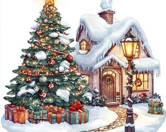 May include: A festive Christmas scene featuring a snow-covered cottage and a decorated Christmas tree. The tree is adorned with ornaments and lights, and surrounded by wrapped gifts. A golden star tops the tree. A lit lamp post guides the way to the cottage.