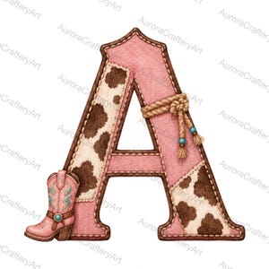 26 lettere dell'alfabeto in stile cowgirl western, realizzate con la tecnica del patchwork in pelle di mucca rosa.