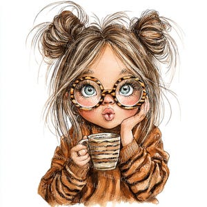 May include: Watercolor illustration of a girl with light brown hair in buns, wearing round glasses with a leopard print design and a brown sweater. She is holding a striped coffee mug and has her lips puckered.