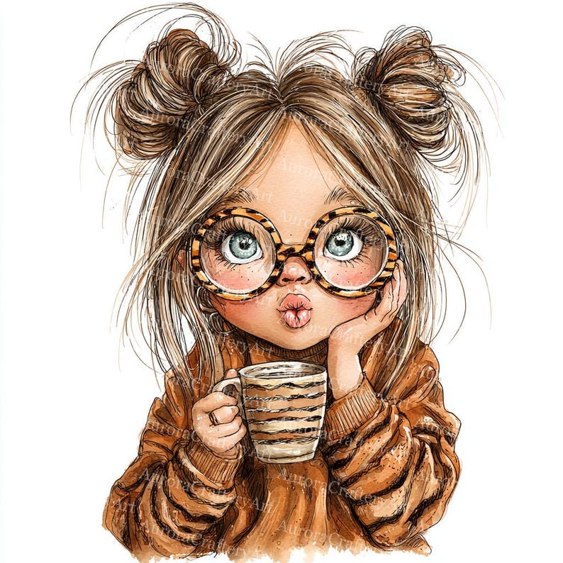 May include: Watercolor illustration of a girl with light brown hair in buns, wearing round glasses with a leopard print design and a brown sweater. She is holding a striped coffee mug and has her lips puckered.