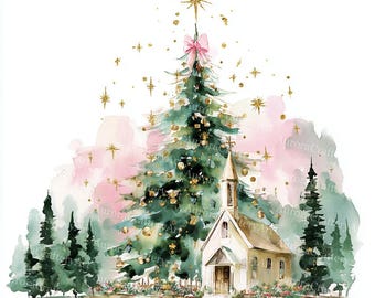 クリスマス教会クリップアート23点、クリスマス教会アート、金箔