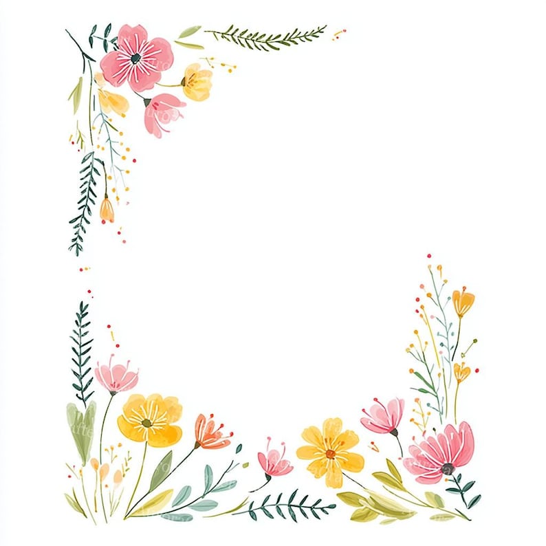 May include: Watercolor floral corner design featuring pink and yellow flowers, green leaves, and delicate sprigs. The illustration has a soft, artistic style, perfect for invitations, cards, or decorative elements. The flowers are arranged in a corner border.