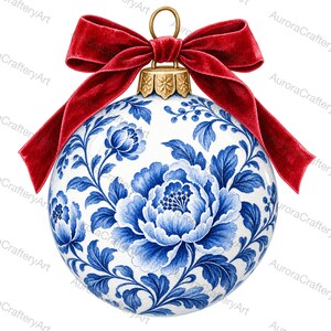 May include: A spherical Christmas ornament featuring a white base with a blue floral pattern of peonies and leaves. The ornament is topped with a gold-colored metal cap and a hanging loop, accented by a large, tied red velvet ribbon bow.