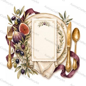 Fikonoliver bröllopsmeny akvarell clipart-paket, vit bakgrund JPG, digital nedladdning
