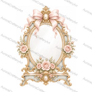 May include: An oval tabletop mirror with an ornate gold frame featuring a large pale pink bow at the top, pearl accents, and light blue patterned detailing. The mirror is decorated with clusters of soft pink roses and green leaves at the base.