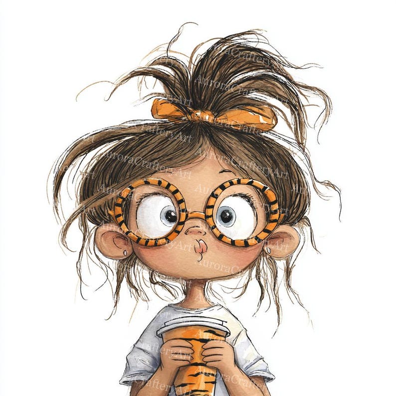 May include: A whimsical illustration of a girl with brown hair styled in a messy bun, wearing orange and black striped glasses and a matching bow. She holds a coffee cup with a tiger stripe design. The image has a cartoonish style.