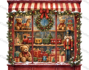 Holiday Toy Shop Window Line Illustration Bundle, White Background JPG, Digital Download