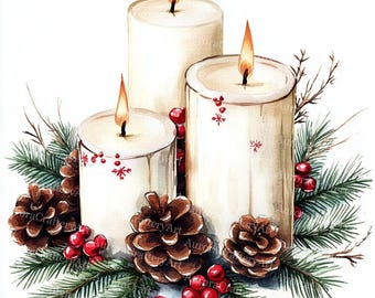 May include: Watercolor illustration of three lit white candles with red snowflake accents and berries. The candles are surrounded by pine needles and pine cones, creating a festive holiday theme.