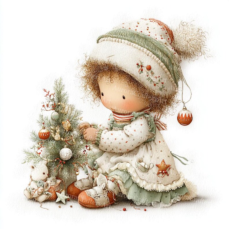 May include: A watercolor illustration of a doll decorating a Christmas tree. The doll wears a white dress with green trim, a matching hat, and red shoes. A small teddy bear and ornaments are nearby. The overall theme is Christmas.