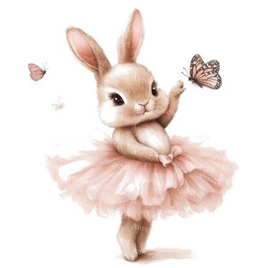 May include: A watercolor illustration of a charming bunny wearing a pink tutu, reaching for a butterfly. The bunny has soft brown fur, long ears, and a sweet expression. Two other butterflies are also present.