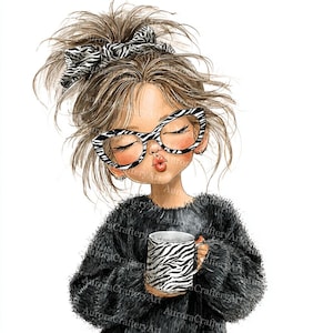 May include: Illustration of a girl with closed eyes, wearing zebra-print glasses and a matching bow. She holds a mug with a zebra pattern, and is wearing a black fuzzy sweater. The image has the text "Aurora Crafty Art".