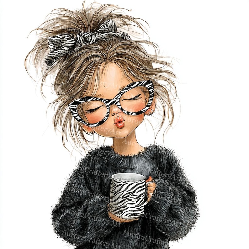 May include: Illustration of a girl with closed eyes, wearing zebra-print glasses and a matching bow. She holds a mug with a zebra pattern, and is wearing a black fuzzy sweater. The image has the text "Aurora Crafty Art".