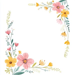 Può includere: Angolo floreale ad acquerello con fiori rosa e gialli, foglie e steli verdi. I fiori hanno petali dettagliati e sono disposti in un bordo decorativo su sfondo bianco. Ideale per inviti o cancelleria.