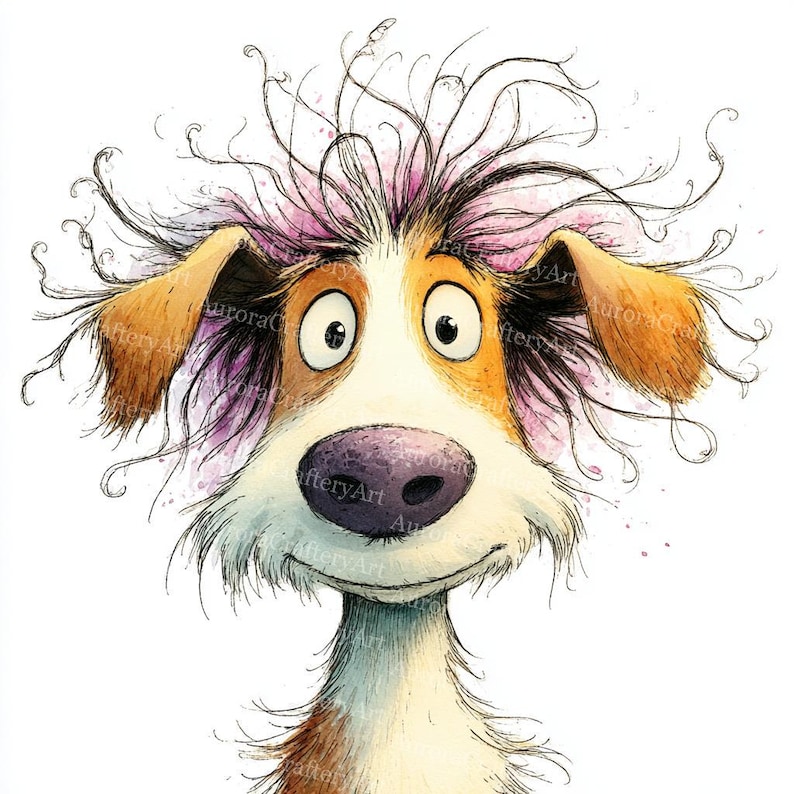 May include: A watercolour illustration of a dog with a startled expression. The dog has brown and white fur, large eyes, and a pink nose. Its hair is a mix of black, pink, and white, giving it a playful appearance.