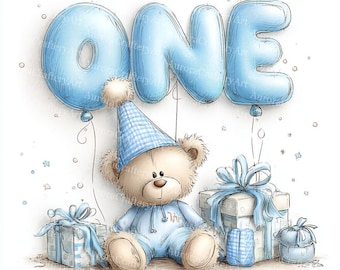 May include: A watercolor illustration for a first birthday. A teddy bear wearing a party hat and blue onesie sits near wrapped gifts. Blue balloon letters spell "ONE". The image has a soft, pastel color palette.