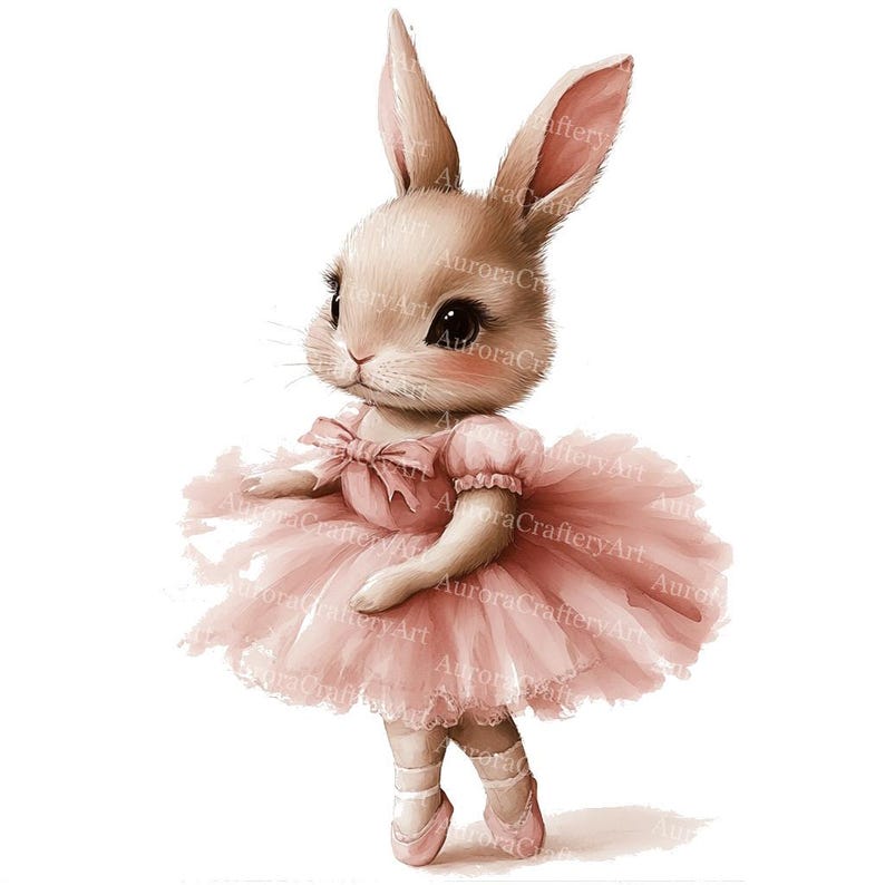 May include: A watercolor illustration of a bunny wearing a pink tutu and ballet shoes. The bunny has large, dark eyes and a pink bow. The image has the text "Aurora Craftery Art".